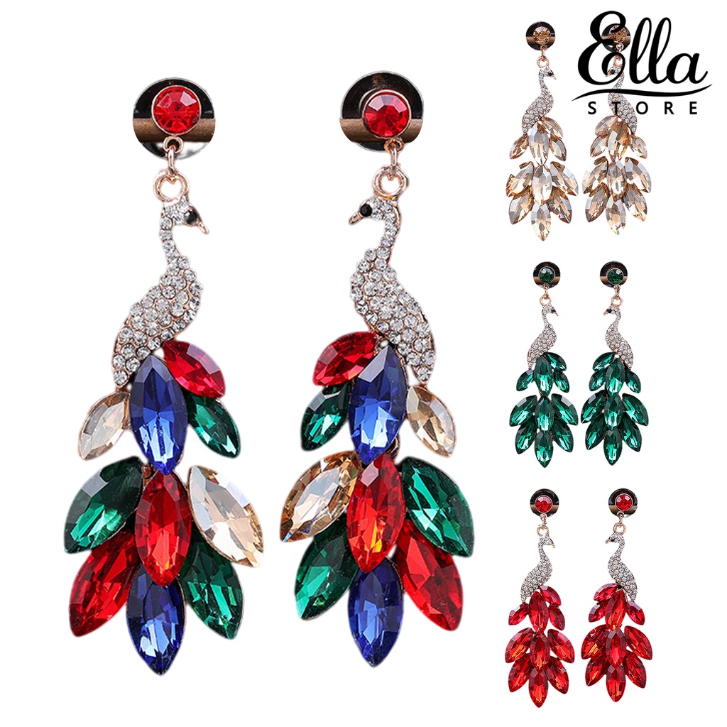 ellastore123-ต่างหูคริสตัล-พลอยเทียม-รูปขนนกยูง-สีเขียว-หรูหรา-1-คู่