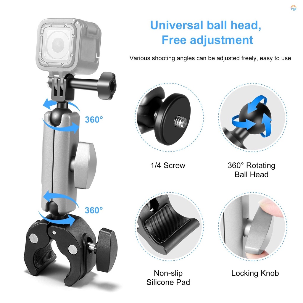 fsth-puluz-pu867b-camera-mounts-clamp-mount-bicycle-handlebar-adapter-mount-aluminum-alloy-2kg-4-4lbs-load-capacity-with-dual-360-rotatable-ball-head-with-adapter-compatibl
