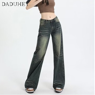 DaDuHey🎈 Womens Plus Size American Style Retro Hot  Jeans Washed-out Wide Leg Pants Straight Mop Pants
