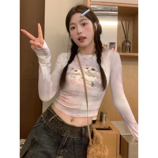 เสื้อยืดแขนยาว พิมพ์ลายลูกแมว แบบเข้ารูป สไตล์อเมริกัน เหมาะกับฤดูใบไม้ร่วง สําหรับเด็กผู้หญิง