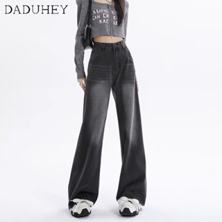 DaDuHey🎈 American Style New Washed Gray Jeans Womens All-Match High Waist Loose Straight High Street Casual Pants