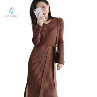 Omeoday ชุดเดรสแขนยาว คอวี ผ้าถัก เข้ารูป สวมใส่สบาย หรูหรา แฟชั่นฤดูใบไม้ร่วง ฤดูหนาว สําหรับผู้หญิง