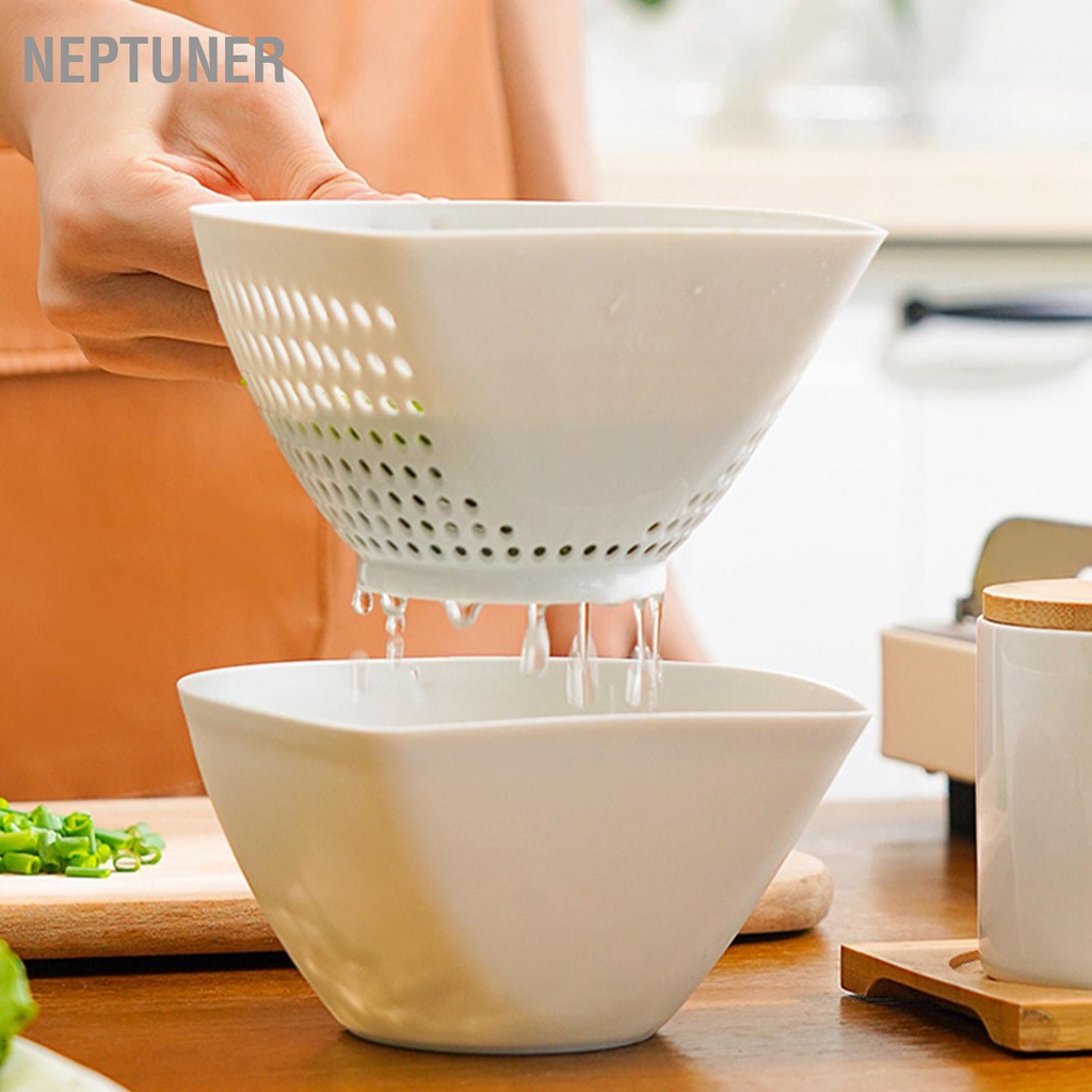 neptuner-ตะกร้าระบายผักพลาสติกสองชั้นชุดชามกระชอนครัวพร้อมที่จับสำหรับอาหารผลไม้