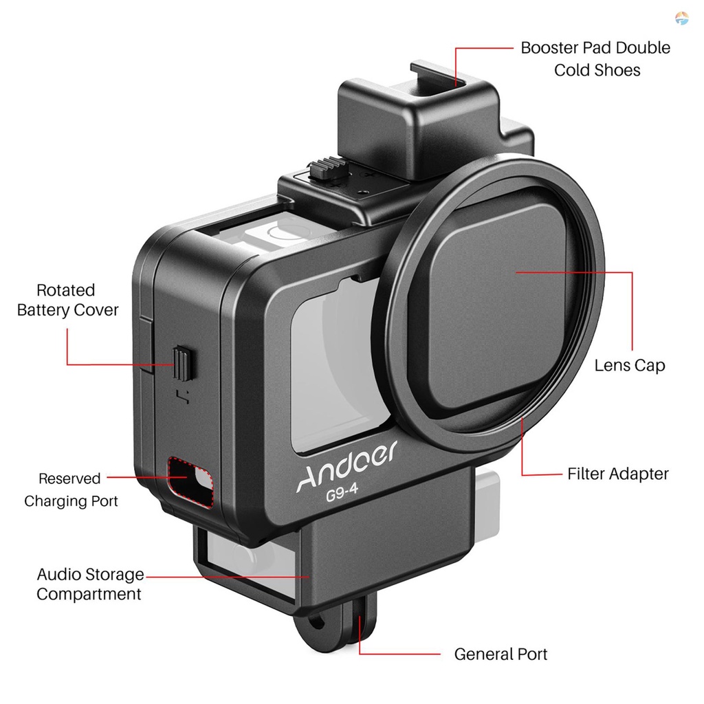 fsth-andoer-g9-4-action-camera-video-cage-plastic-vlog-case-protective-housing-with-dual-cold-shoe-mount-55mm-filter-adapter-extension-accessory-replacement-for-9