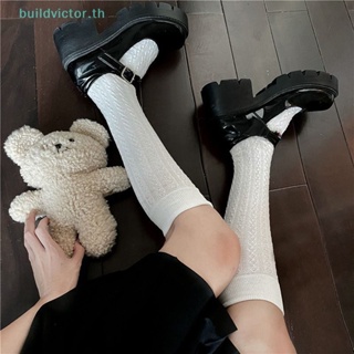 Buildvictor ถุงเท้ายาวถึงเข่า แบบบาง สีดํา สีขาว สไตล์ญี่ปุ่น แฟชั่นฤดูร้อน สําหรับผู้หญิง นักเรียนมัธยมปลาย TH