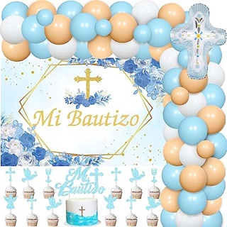 Cheereveal Mi Bautizo ชุดซุ้มลูกโป่ง สีฟ้า พร้อมฉากหลัง สําหรับตกแต่งเค้ก