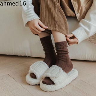 Ahmed ถุงเท้าผ้าขนสัตว์แคชเมียร์ ญี่ปุ่น ฮาราจูกุ ถุงเท้าความร้อน แฟชั่น สีพื้น ลายทาง อบอุ่น สตรีทถุงเท้าลูกเรือ