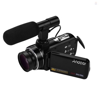 Andoer กล้องบันทึกวิดีโอดิจิทัล 4K เซนเซอร์ CMOS พร้อมเลนส์มุมกว้าง 0.45X พร้อมเมาท์ขาตั้งไมโครโฟนมาโครสเตอริโอ 3.0 นิ้ว IPS