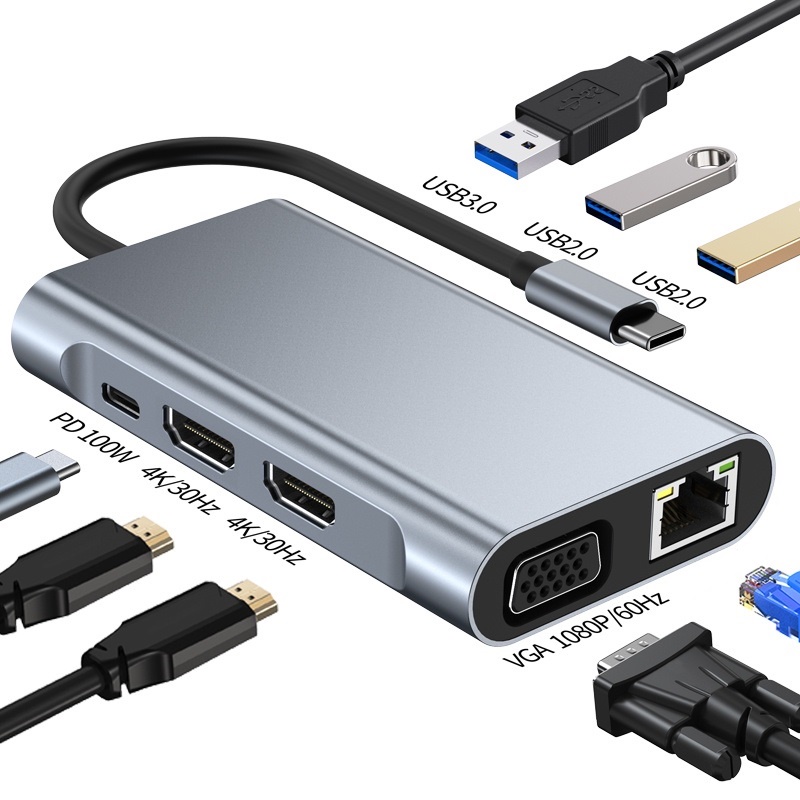 ใหม่ 8-IN-1 ตัวแปลงฮับ Type-C เป็น HDMI 4K VGA RJ45 Ethernet LAN USB3.0 ...