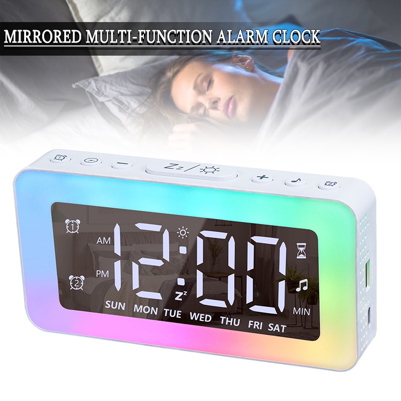 RGB Night Light Alarm Clock Mirrored Clock Dimmable LED Digital Alarm Clocks Shopee Thailand