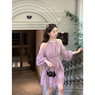 เดรส🧡🌴🌞ชุดเดรส  โรแมนติกแบบฝรั่งเศส คล้องคอมุก สีม่วง สไตล์ใหม่ จับจีบ เข้ากับทุกการแต่งกาย  สําหรับผู้หญิง S-XL