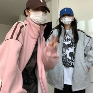 เสื้อกันหนาว เสื้อเบสบอล มีฮู้ด สไตล์ฮาราจูกุ โอเวอร์ไซซ์ วินเทจ แฟชั่นฤดูใบไม้ร่วง ฤดูหนาว สําหรับผู้หญิง
