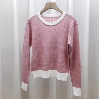 เสื้อแขนยาว คอกลม ผ้าถัก แต่งรูกลวง ลายดอกไม้ สีตัดกัน สไตล์ฝรั่งเศส สําหรับผู้หญิง PR7O