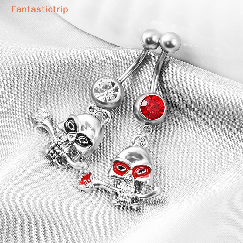 fantastictrip-กะโหลกศีรษะกุหลาบท้องปุ่มแหวนฮาโลวีนสแตนเลสแหวนท้องสําหรับผู้หญิงเครื่องประดับร่างกายสะดือท้องบาร์แฟชั่น