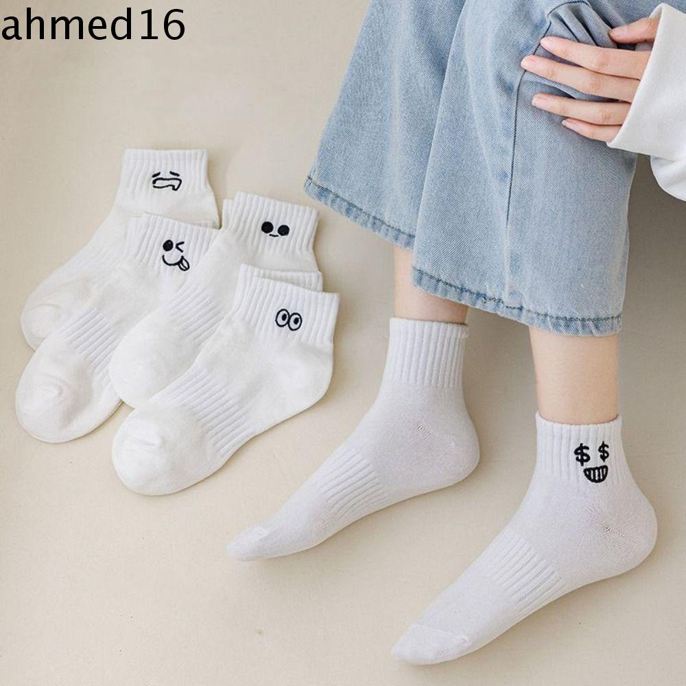 ahmed-ถุงเท้าข้อกลาง-ผ้าฝ้าย-ปักลายตา-สีขาว-สไตล์ญี่ปุ่น-ฮาราจูกุ