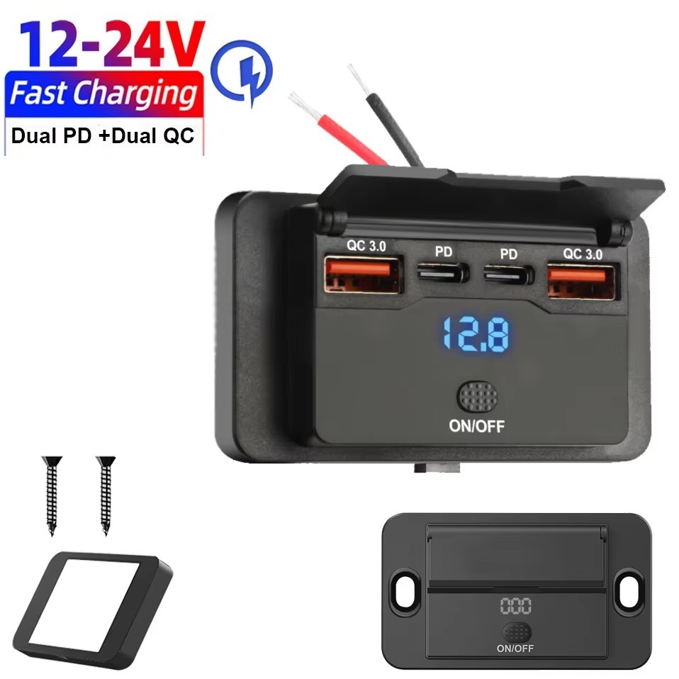 จอแสดงผลแรงดันไฟฟ้า RV USB Outlet Dual QC3.0 USB A & USB C พอร์ตชาร์จซ็ ...