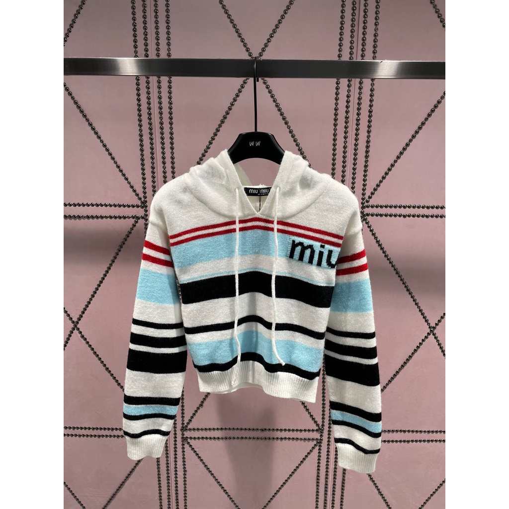 sggy-miu-miu-23-autumn-and-winter-new-letter-embroidery-logo-striped-color-matching-knitted-hooded-top-womens-aging-fashionable-simple