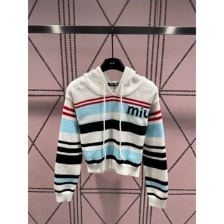 SGGY MIU MIU 23 autumn and winter New letter embroidery logo striped color matching knitted hooded top womens aging fashionable simple