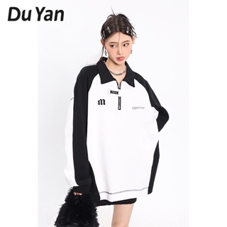 Du Yan เสื้อกันหนาว คอโปโล แต่งซิป สีดํา และสีขาว สไตล์เกาหลี สําหรับผู้หญิง