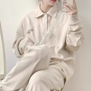 ชุดกีฬา เสื้อสเวตเตอร์ลําลอง แขนยาว ผ้าฝ้าย 100% แบบบาง สองชิ้น สําหรับผู้หญิง