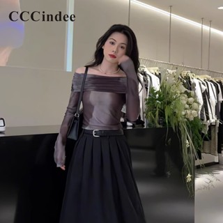 Cccindee ใหม่ เสื้อยืดแขนยาว เปิดไหล่ ลายทาง สีพื้น แฟชั่นสําหรับสตรี 2023