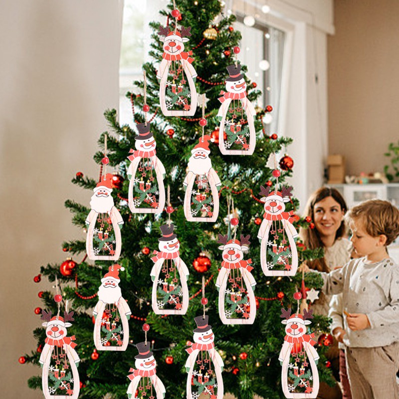 จี้ไม้ฉลุลายคริสต์มาส-การ์ตูนซานตาคลอส-สโนว์แมน-กวาง-แขวนประดับตกแต่งต้นคริสต์มาส