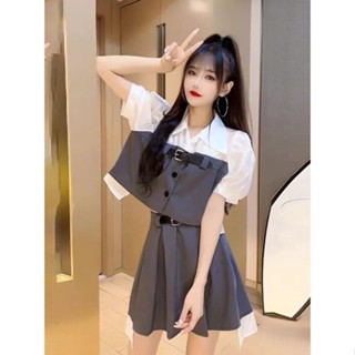 เสื้อเชิ้ตแขนพัฟปลอม เอวสูง สองชิ้น สไตล์ฝรั่งเศส แฟชั่นฤดูร้อน สําหรับผู้หญิง