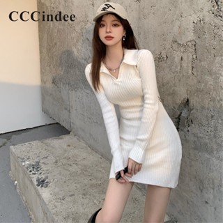 Cccindee ใหม่ ชุดมินิเดรส ลําลอง แขนยาว คอโปโล ผ้าถัก สีพื้น แฟชั่นสําหรับสตรี 2023