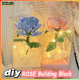 Creative ประกอบ DIY Rose Immortal ดอกไม้ Building Block LED ตกแต่งช่อดอกไม้สาวของขวัญวันเกิด-FE