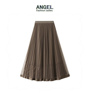 [2 ด้าน] ANGEL แฟชั่นผู้หญิง midi กระโปรงลูกไม้ตาข่ายสีทึบเกาหลียืดหยุ่นเอวสูง A-line บางขนาดใหญ่แกว่งตูตูกระโปรง Tulle กระโปรงจีบยาวสําหรับผู้หญิง