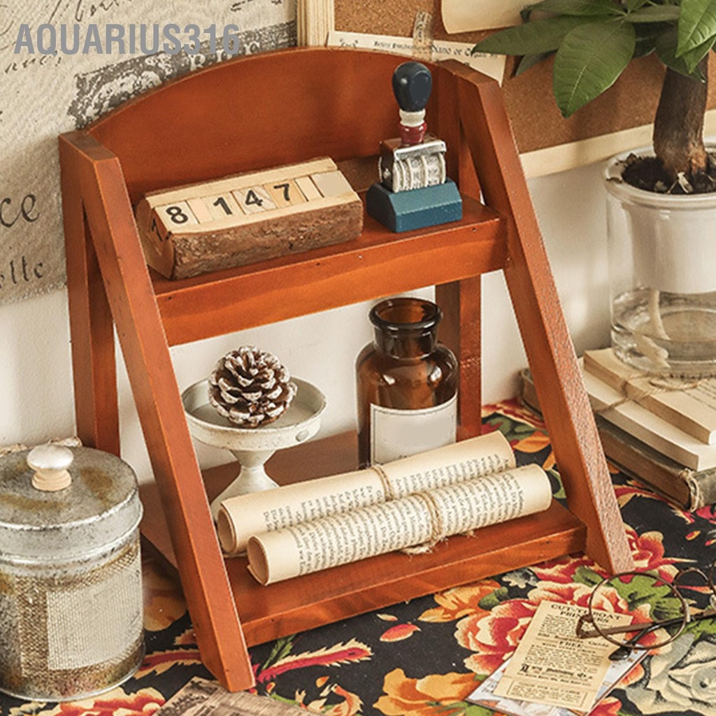 aquarius316-desktop-organizer-retro-aesthetic-office-storage-rack-home-decor-ไม้ชั้นวาง-2-ชั้นสำหรับหนังสือพืชเครื่องสำอาง