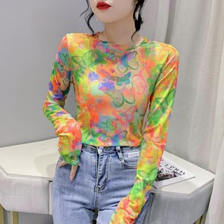 เสื้อยืดแขนยาว ผ้าโปร่ง แบบบาง พิมพ์ลาย แฟชั่นฤดูร้อน สไตล์ยุโรป สําหรับผู้หญิง 2023
