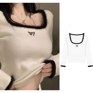 เสื้อยืด คอสี่เหลี่ยม ตัวสั้น สไตล์ฝรั่งเศส แฟชั่นฤดูใบไม้ร่วง