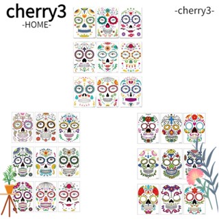 Cherry3 สติกเกอร์รอยสักชั่วคราว รูปกะโหลก สําหรับตกแต่งปาร์ตี้ฮาโลวีน 9 ชิ้น ต่อชุด