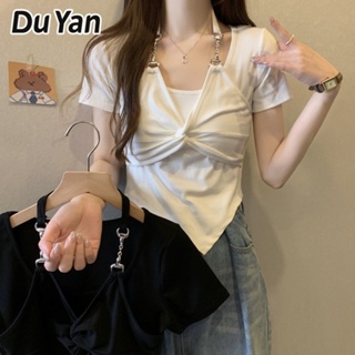 Du Yan Fake เสื้อยืดแขนสั้น คอสองชิ้น แนวสตรีท ฤดูร้อน สําหรับผู้หญิง