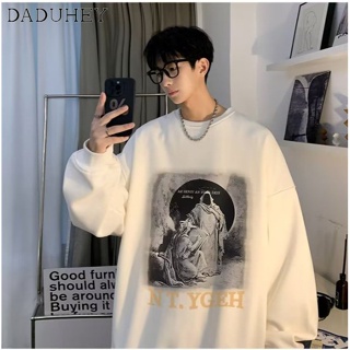 DaDuHey🔥 2023 Spring and Autumn Fashion Loose Print round Neck Long Sleeve Top Mens Hong Kong Style Vintage Fashion Brand Thin All-Matching Sweater