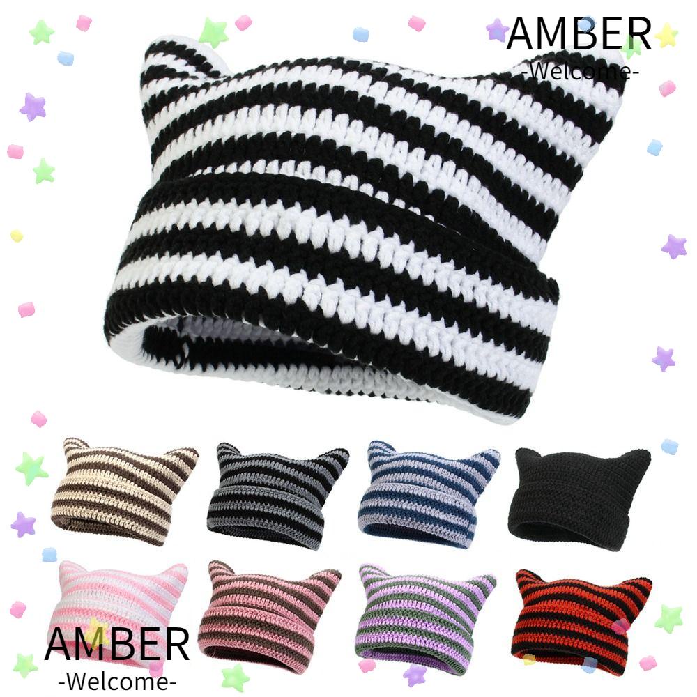 amber-หมวกบีนนี่-ผ้าวูลถัก-ลายทางปีศาจหูแมวน่ารัก-แฟชั่นฤดูใบไม้ร่วง-ฤดูหนาว-สไตล์ญี่ปุ่น-สําหรับผู้หญิง
