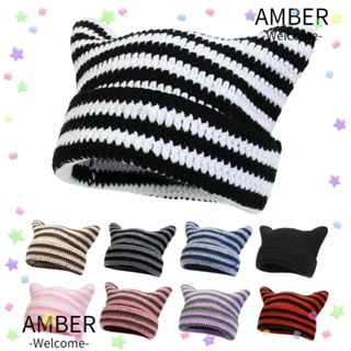 Amber หมวกบีนนี่ ผ้าวูลถัก ลายทางปีศาจหูแมวน่ารัก แฟชั่นฤดูใบไม้ร่วง ฤดูหนาว สไตล์ญี่ปุ่น สําหรับผู้หญิง