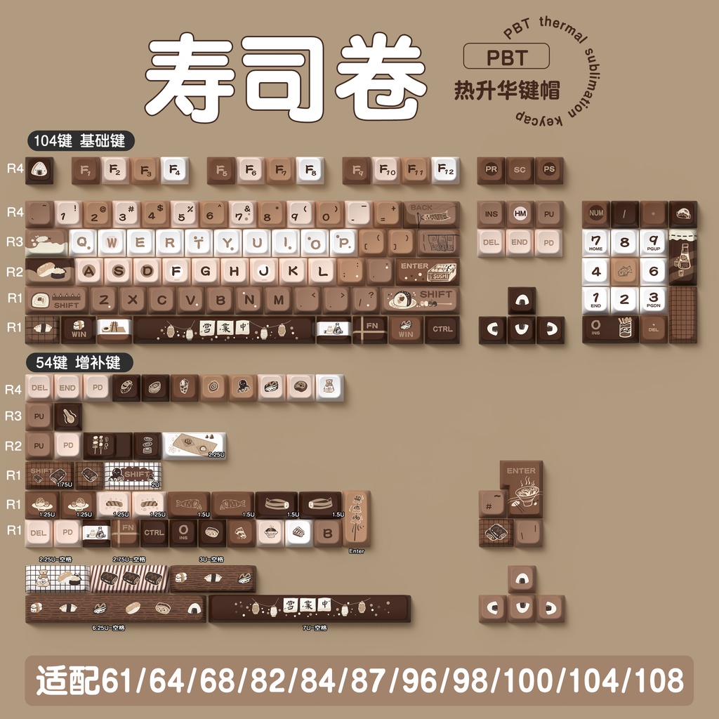 Sushi Roll Cute Keycaps 138/158 Keys MDA Profile Key Caps PTB ...