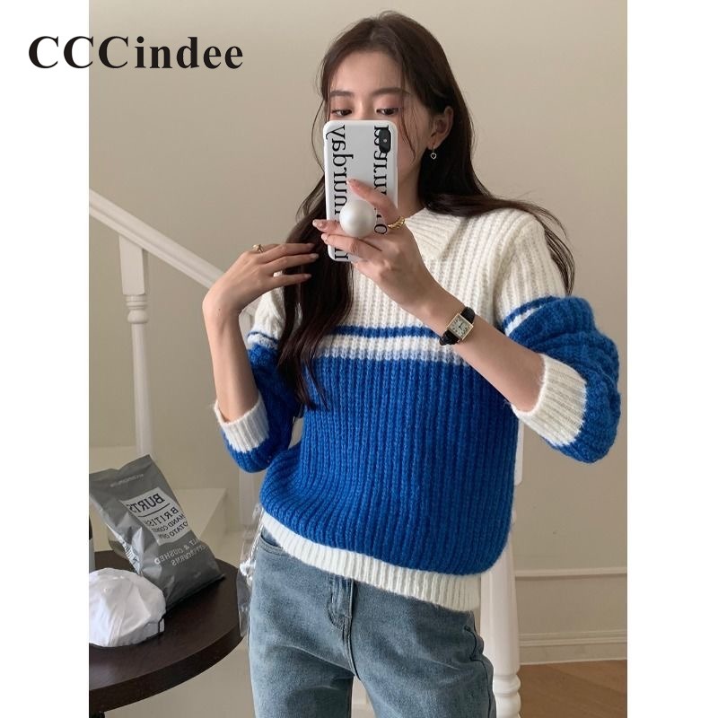 cccindee-ใหม่-เสื้อกันหนาวลําลอง-แขนยาว-คอปก-เข้ารูป-ติดกระดุม-สีตัดกัน-แฟชั่นสําหรับสตรี-2023