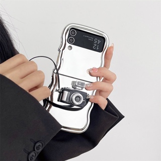 เคสโทรศัพท์มือถือ TPU ชุบเงิน ลายคลื่น มีขาตั้งกล้อง สไตล์เรโทร สําหรับ Samsung Galaxy Z Flip 5 4 3 5G