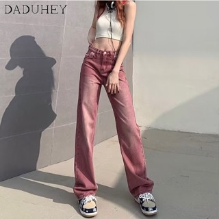 DaDuHey🎈 Womens American Style Ins High Street Red Jeans High Waist Slimming Washed Casual Straight-Leg Fashion Loose Pants