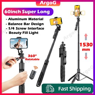 【ArgoG】ขาตั้งกล้องไม้เซลฟี่ ยาวมาก 60 นิ้ว พร้อมรีโมต และไฟ สําหรับ Vlogging พร้อมรีโมตบลูทูธ 360° ขาตั้งโทรศัพท์มือถือ สมดุล มั่นคง สําหรับถ่ายภาพ