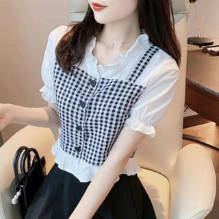 เสื้อเชิ้ต คอวี ลายสก๊อต สองชิ้น แฟชั่นฤดูร้อน สําหรับผู้หญิง 22 ปี