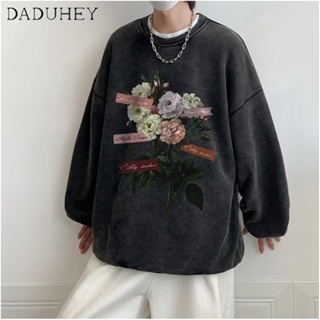 DaDuHey🔥 Ins Retro Fashion Brand All-Matching Washed round Neck Sweater Mens 2023 New Spring and Autumn Hong Kong Style Loose Personalized Printing Long Sleeve Top