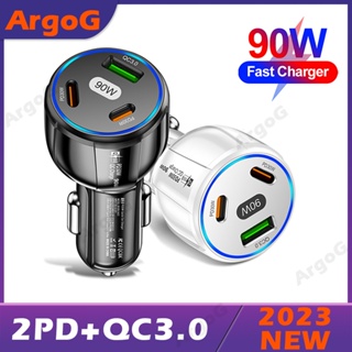 ​ArgoG อุปกรณ์ชาร์จรถยนต์ 90W ชาร์จรถยนต์เร็ว 3 พอร์ต PD 2 ช่อง + QC3.0 ชาร์จรถยนต์ USB โทรศัพท์อุปกรณ์ชาร์จ ที่เข้ากันได้กับรถยนต์ 12-32V