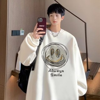 เสื้อกันหนาวแขนยาว คอกลม แบบสวมหัว พิมพ์ลายหน้ายิ้ม สีขาว สีดํา แฟชั่นฤดูหนาว สไตล์เกาหลี สําหรับผู้ชาย และผู้หญิง