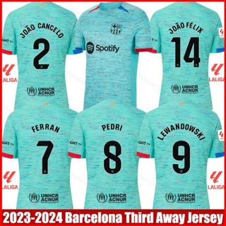 เสื้อกีฬาแขนสั้น ลายทีม Barcelona Third Away Cancelo Pedri Ferran Lewandowski Felix Jersey พลัสไซซ์ 2023-2024