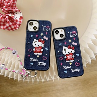 เคสโทรศัพท์มือถือ TPU ปักลายแมวคิตตี้ พร้อมสายคล้อง กันกระแทก สําหรับ Apple IPhone 15 14 13 12 11 Pro Max