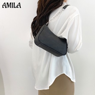 Amila กระเป๋าสะพายไหล่ ลําลอง ระดับไฮเอนด์ แต่งสายโซ่คล้อง สไตล์วินเทจ แฟชั่นมินิมอล สําหรับสตรี